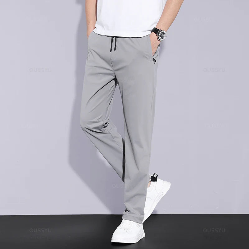 2024 Summer Men's Casual Pants Thin Soft Sports Zip Pocket Korea Grey Black Elasticity Lace-up Waist Jogging Work Trousers Male