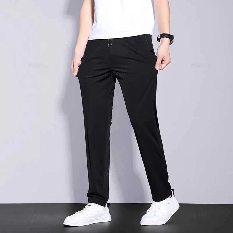 2024 Summer Men's Casual Pants Thin Soft Sports Zip Pocket Korea Grey Black Elasticity Lace-up Waist Jogging Work Trousers Male