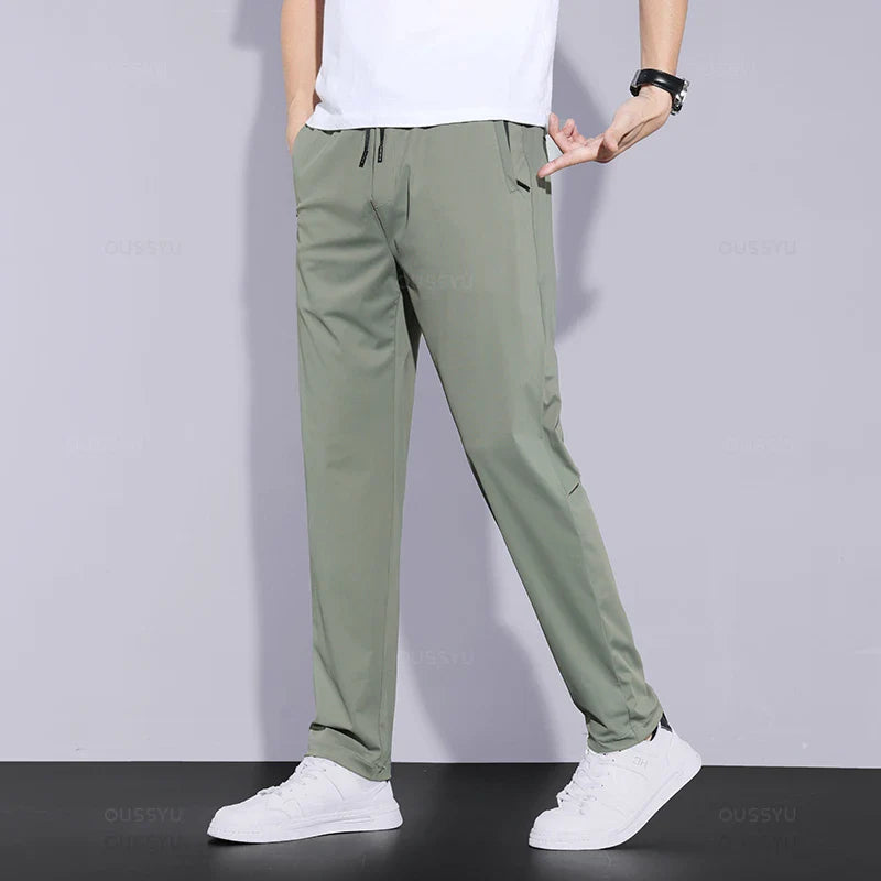 2024 Summer Men's Casual Pants Thin Soft Sports Zip Pocket Korea Grey Black Elasticity Lace-up Waist Jogging Work Trousers Male